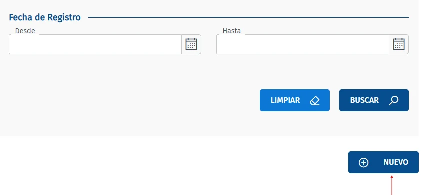 Pantalla de búsqueda de apoderamientos por fecha de registro, con el botón «Nuevo» señalado