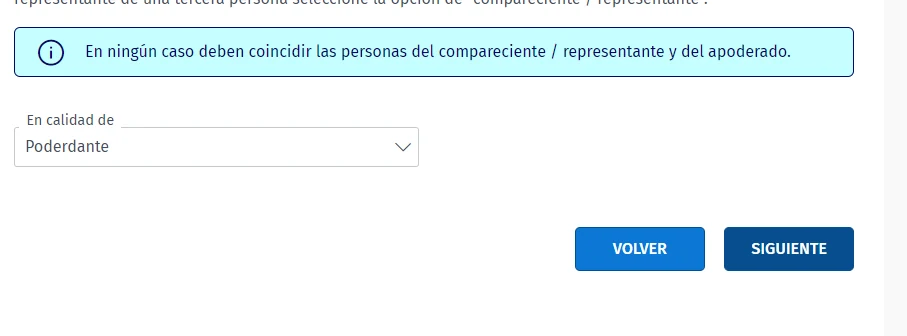 Desplegable «En calidad de» con la opción «Poderdante» y el botón «Siguiente»
