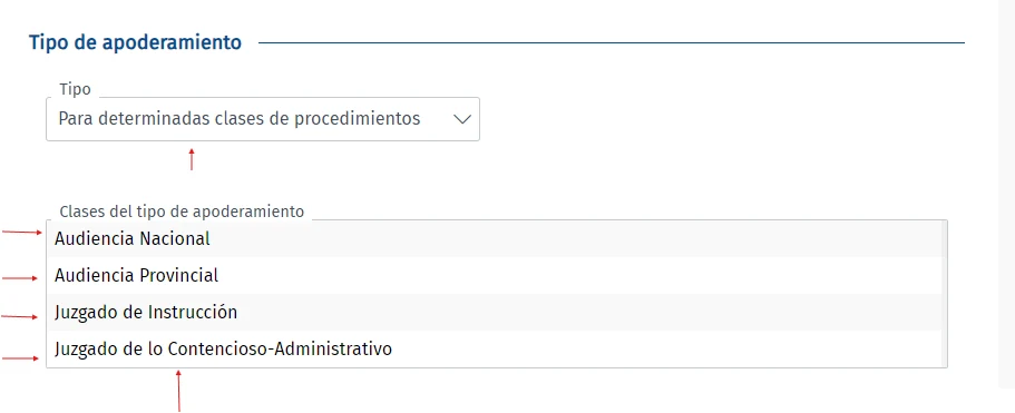 Tipo de apoderamiento «Para determinadas clases de procedimientos» con las clases señaladas con flechas