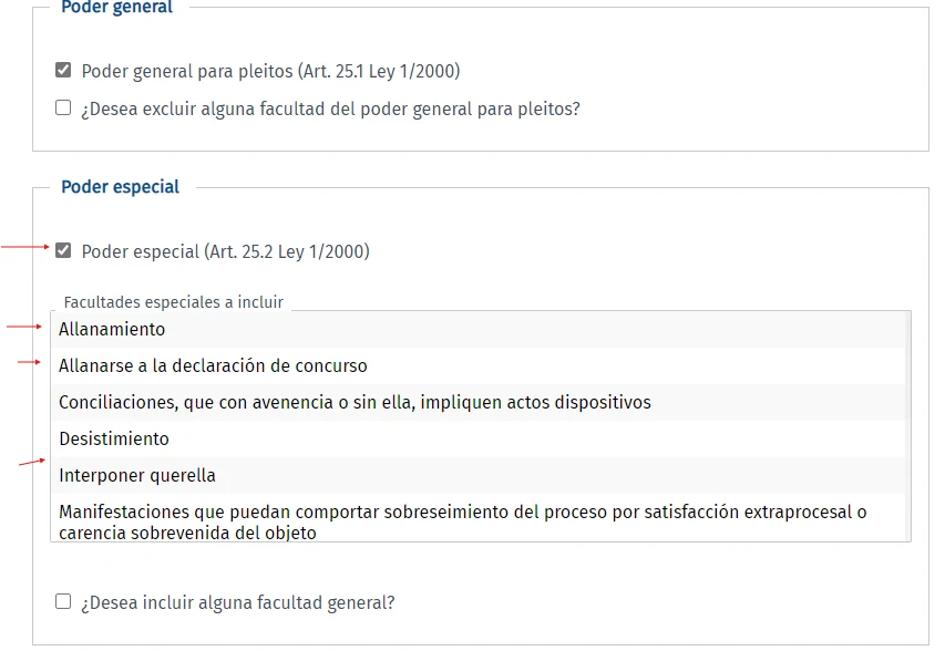 Poder general para pleitos y poder especial marcados, con la lista de facultades especiales