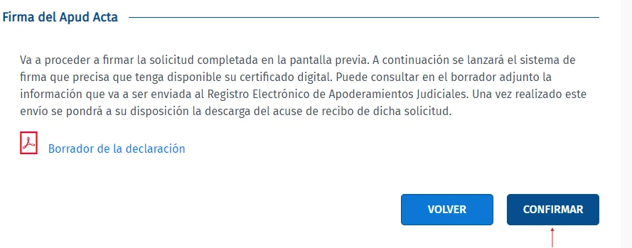 Pantalla «Firma del Apud Acta» con el botón «Confirmar»